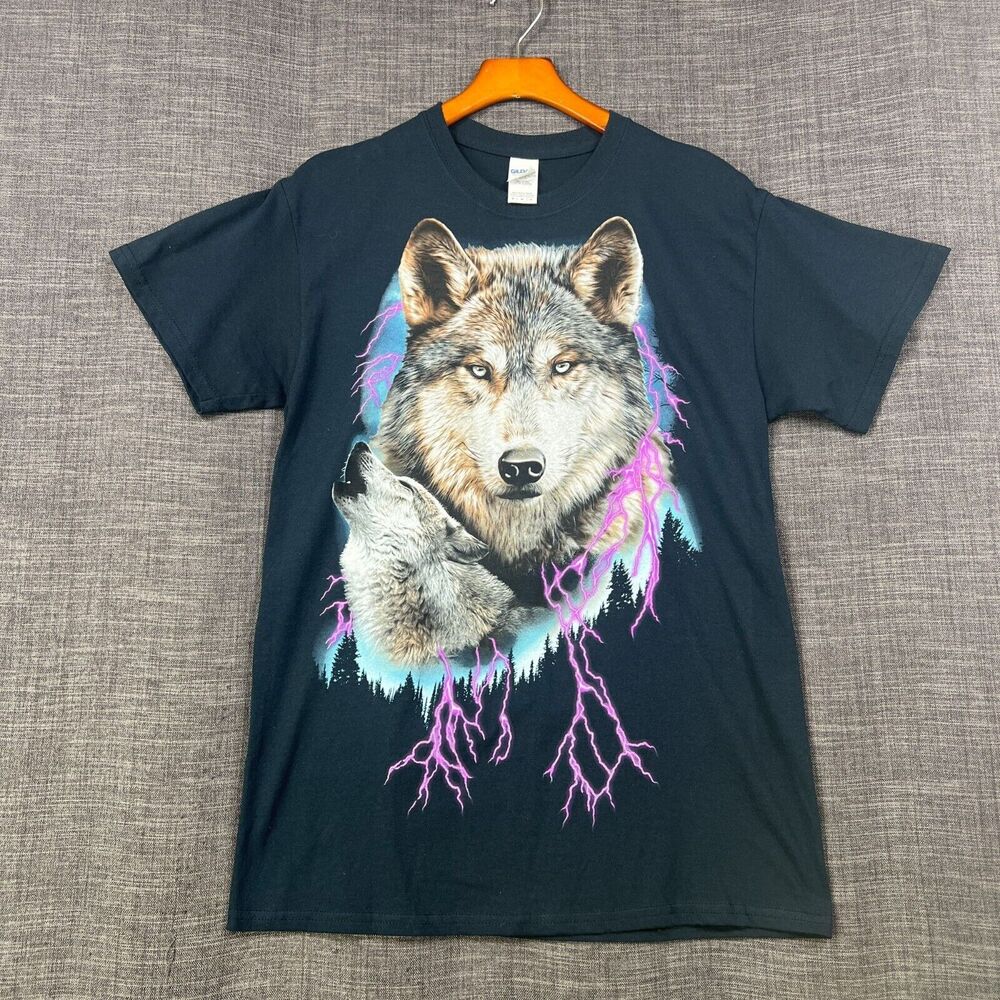 Gildan Black Howling Wolf Lightning Graphic Purple Lightning Tee Mens Sz Medium